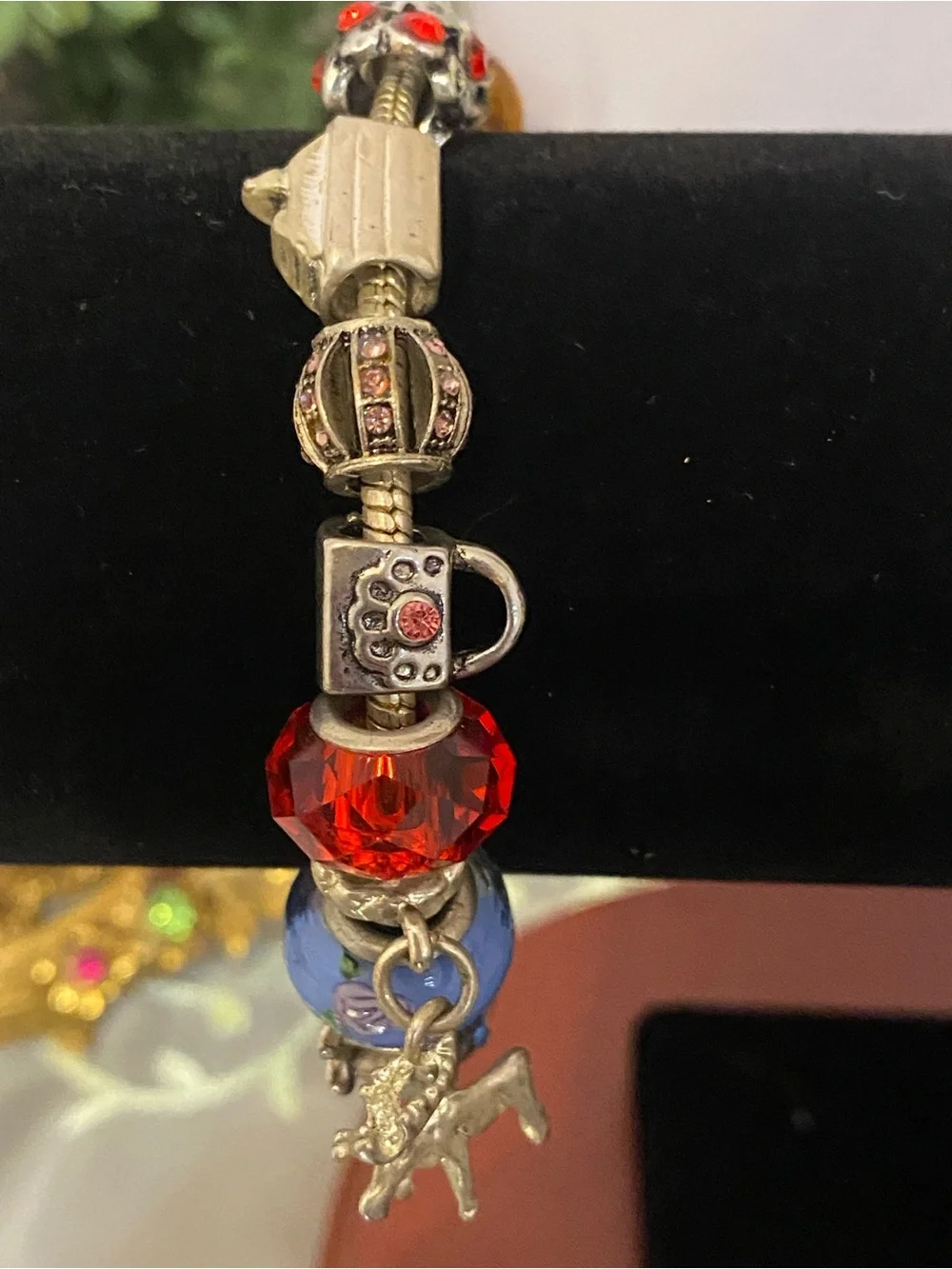 Vintage European Loaded Charm Bracelet Multi-Color Rhinestones & Lampwork Glass